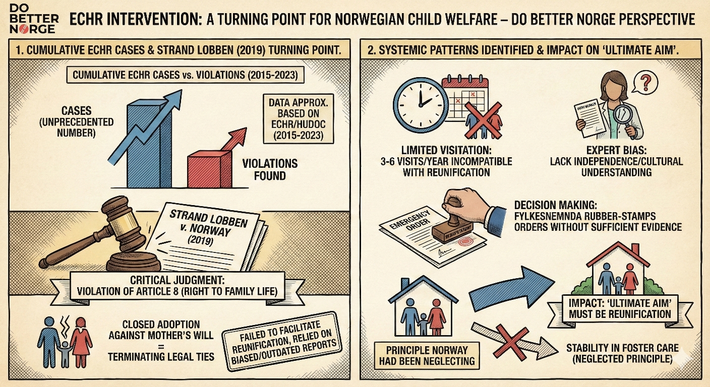 Do Better Norge infographic about ECHR intervention and Norway's child-welfare case pattern.