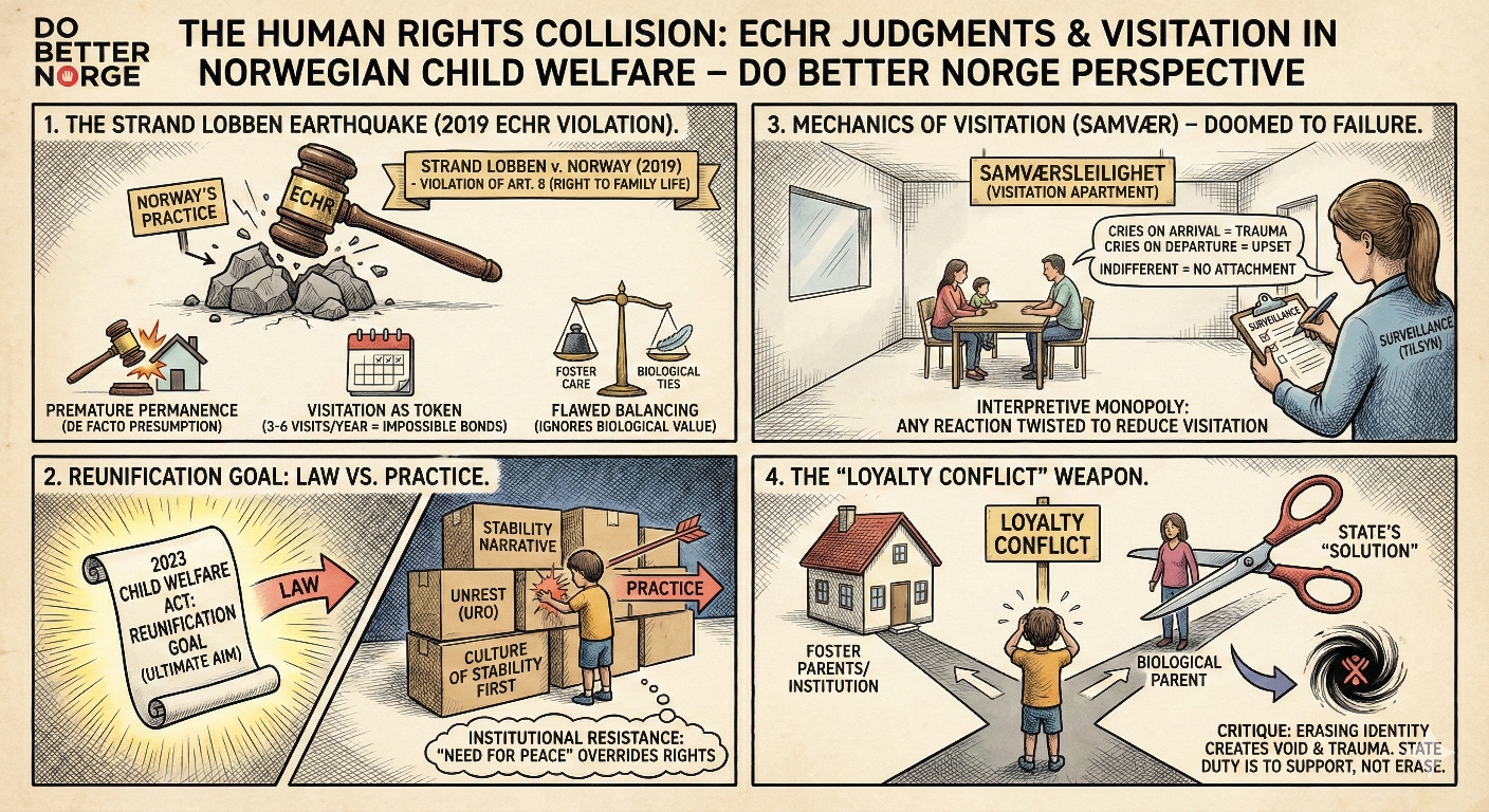 Do Better Norge infographic about ECHR judgments and visitation in Norwegian child welfare.