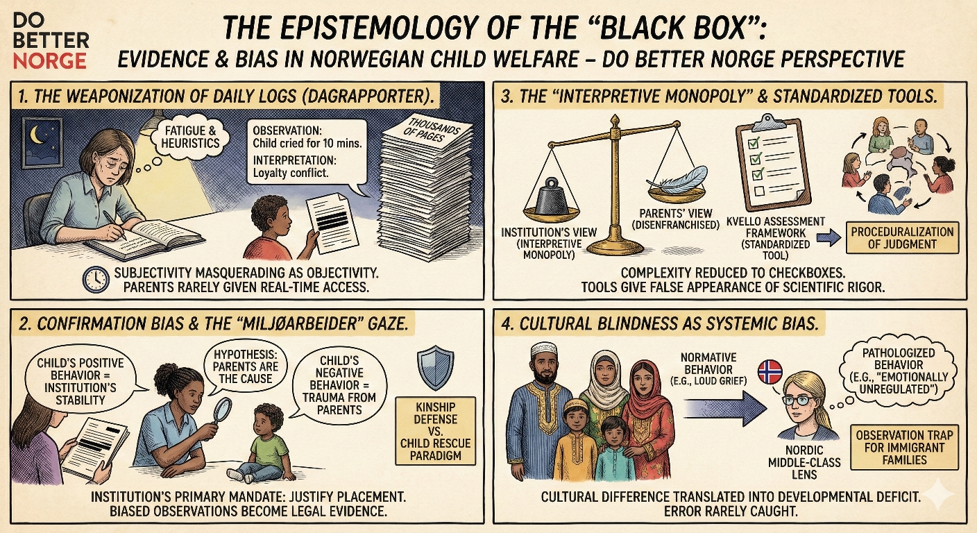 Do Better Norge infographic about evidence, bias, and cultural blindness in Norwegian child welfare.